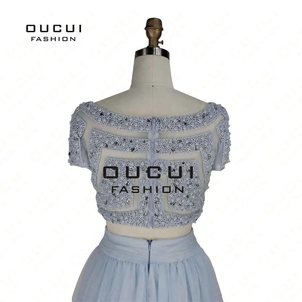 Real Photos Two Piece Beading Handwork Tulle Fabric Pearl Crystal Party prom Evening Long Dresses New see through back OL102908 | Свадьбы и