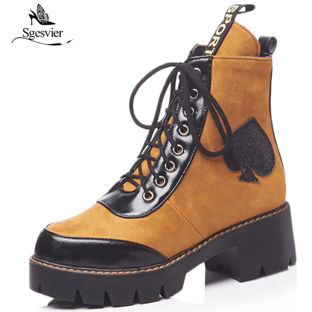 Sgesvier women's motorcycle riding ankle boots punk western style heart shape platform laced up short plush winter OX983 | Обувь