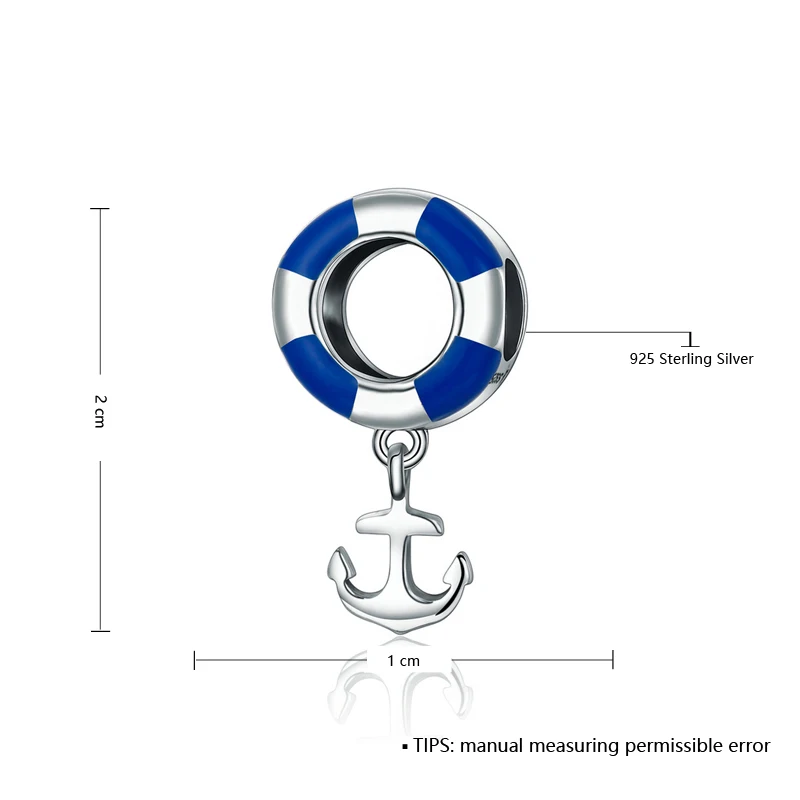 VEAMOR Authentic 925 Sterling Silver Blue Enamel Life Buoy &amp Anchor Dangle Charms Beads Fit Pandora Bracelets DIY Jewelry Making |