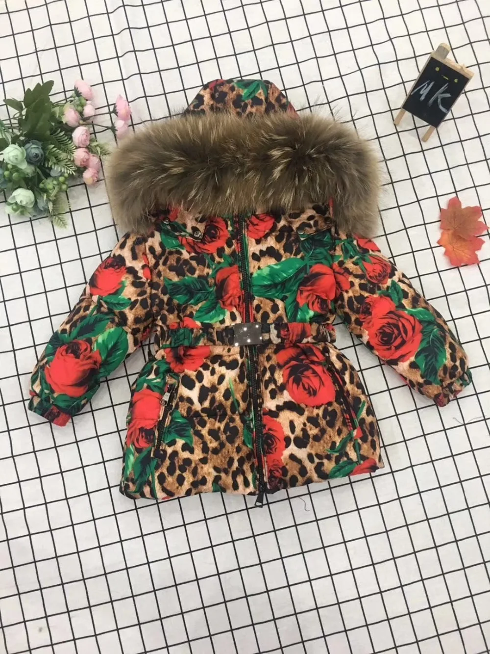 Winter Jacket Children down jackets& PANT duck down Fur hooded Leopard flower girl snowsuit boy set outerwear ski suit