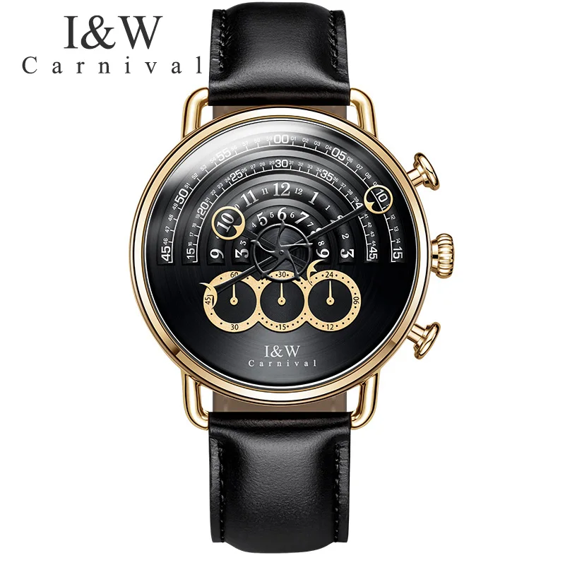 

New Quartz Watch Men Black Leather Strap Mens Watches Magic Design Multiple Time Zone Waterproof Wristwatch erkek kol saati