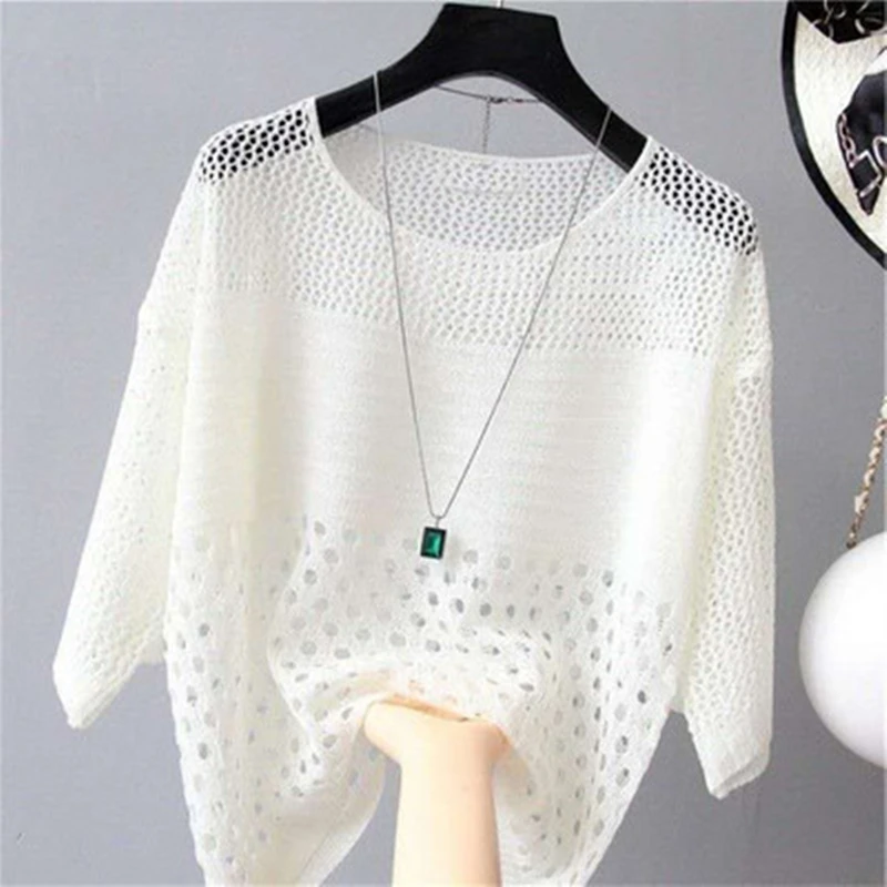 

Spring Summer Sexy Women Knitted Pullovers White Striped Seven Quarter sleeve thin Sunscreen Hollow Out Tops Loose Basic office