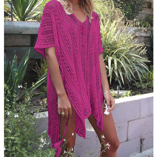 RXRXCOCO пляж прикрыть бикини Крючком Knitt одноцветное пляжная одежда купальник Cover Up Для женщин сексуальная прозрачная пляжное платье парео - Цвет: Rose Red