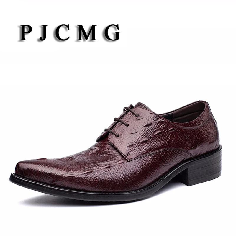 

PJCMG New Black/Red Mens Oxfords Crocodile Pattern Lace-Up Pointed Toe Genuine Leather Business Formal Men Wedding Office Shoes