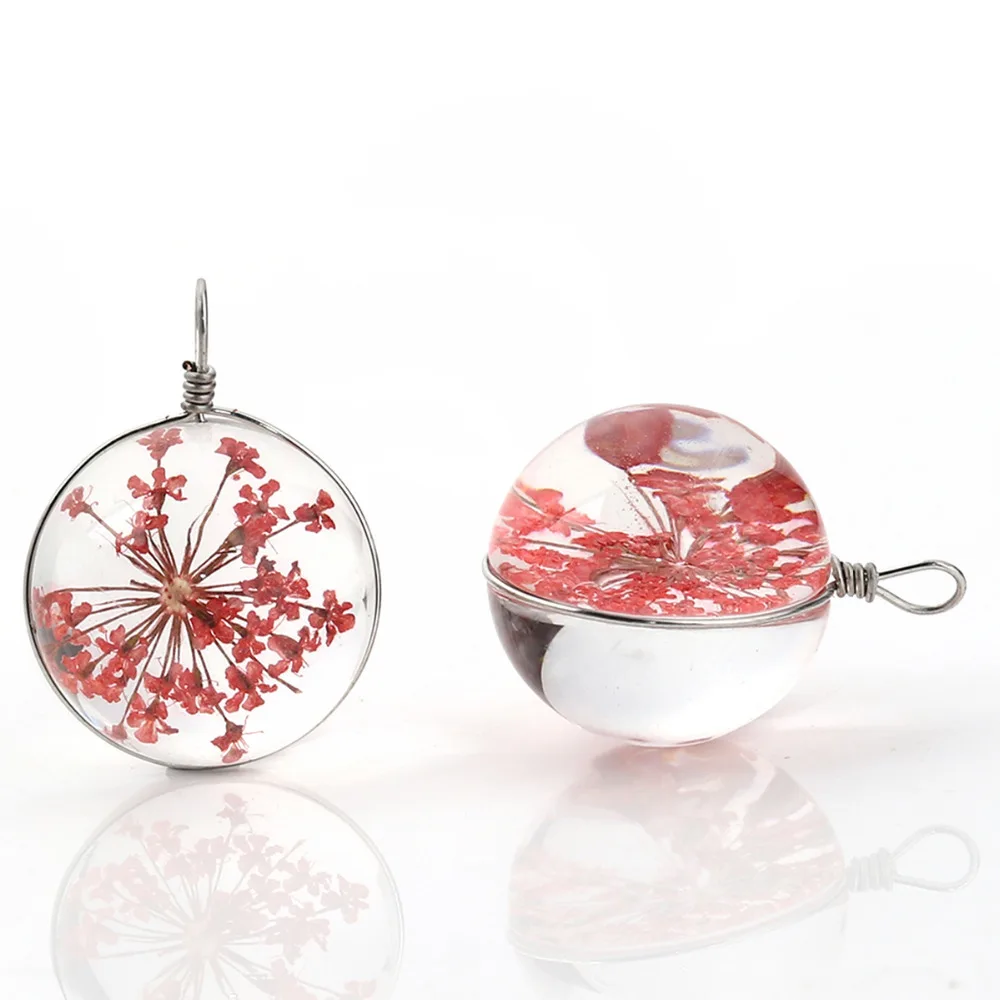DoreenBeads, стеклянные и сушеные цветы, подвески, круглый шар, прозрачный, серебряный, многоцветный, 28 мм(1 1/") x 20 мм(6/8"), 2 шт
