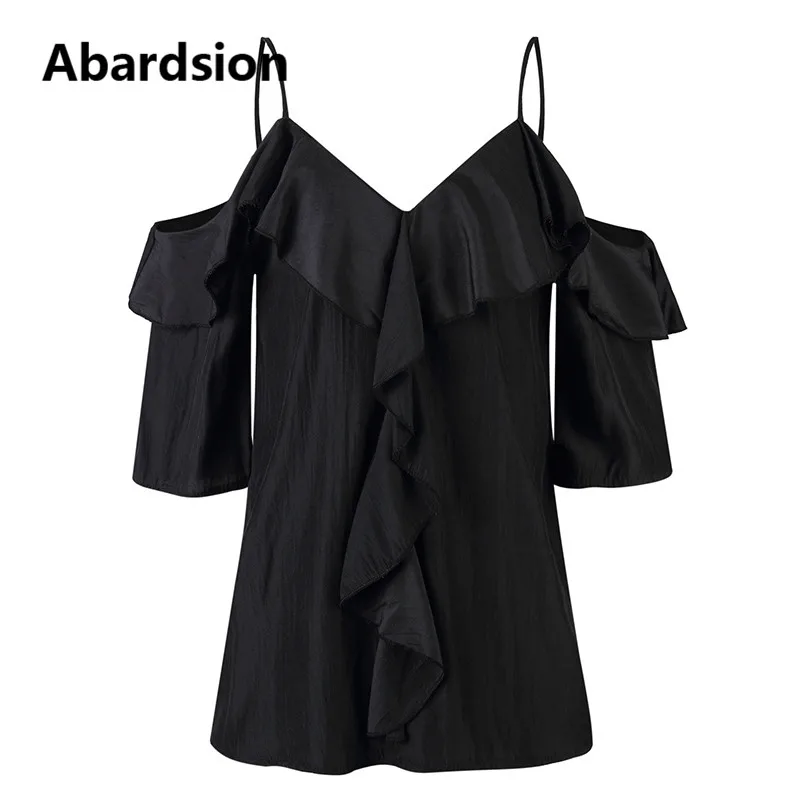 Черный Abardsion, женская блузка с открытыми плечами, короткий рукав, на бретельках, с рюшами, Женские топы и блузки, лето, белая рубашка Blusa - Цвет: Черный