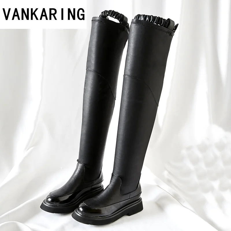 Vankering/Новинка года; модные эластичные сапоги выше колена; женские черные высокие сапоги на плоской подошве с круглым носком; модные женские сапоги до бедра - Цвет: black
