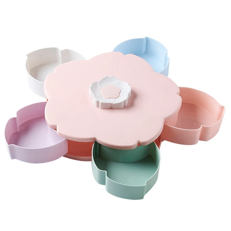 Pink Лепестковая форма, вращающаяся коробка для закусок, поднос для конфет, коробка для хранения продуктов, свадебные конфетные тарелки, двухслойный сушеный органайзер для фруктов для хранения - Цвет: Pink