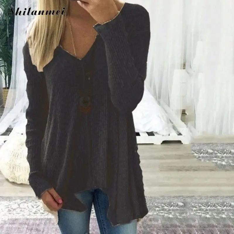 Women Long Sleeve Casual Solid V-Neck Sweater Irregular Hem Pullovers Tops Spring Autumn Plus Size Pull Femme 5XL 4XL | Женская одежда