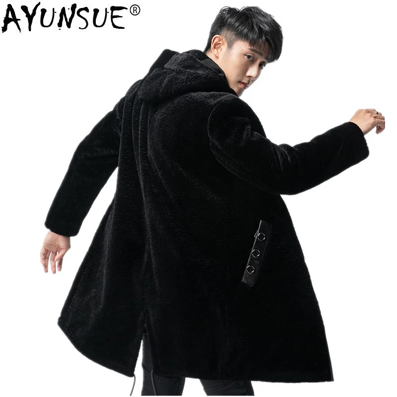 Мужское длинное пальто из овчины AYUNSUE с натуральным мехом овцы Chaqueta Z1818156 MY1435 зима
