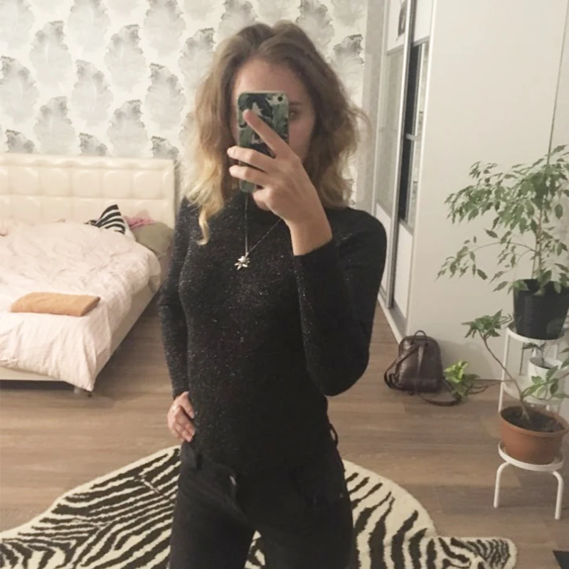 Женский свитер с люрексом базовый длинным рукавом в Корейском стиле на осень и