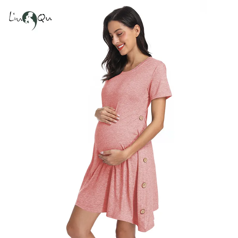 

Women's Short Sleeve Maternity Dresses Button Tunic Asymmetrical Pregnancy Dress Casual Brief Mama Maternity Clothes Shirt Dress