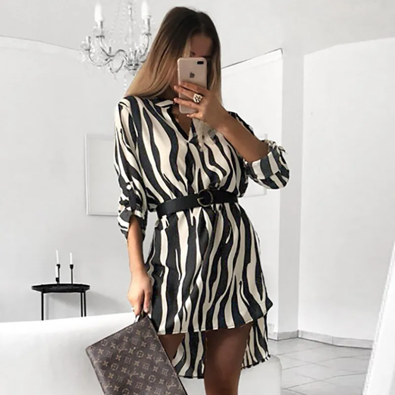 Платье рубашка в полоску с длинным рукавом и принтом змеи|Женские платья| |