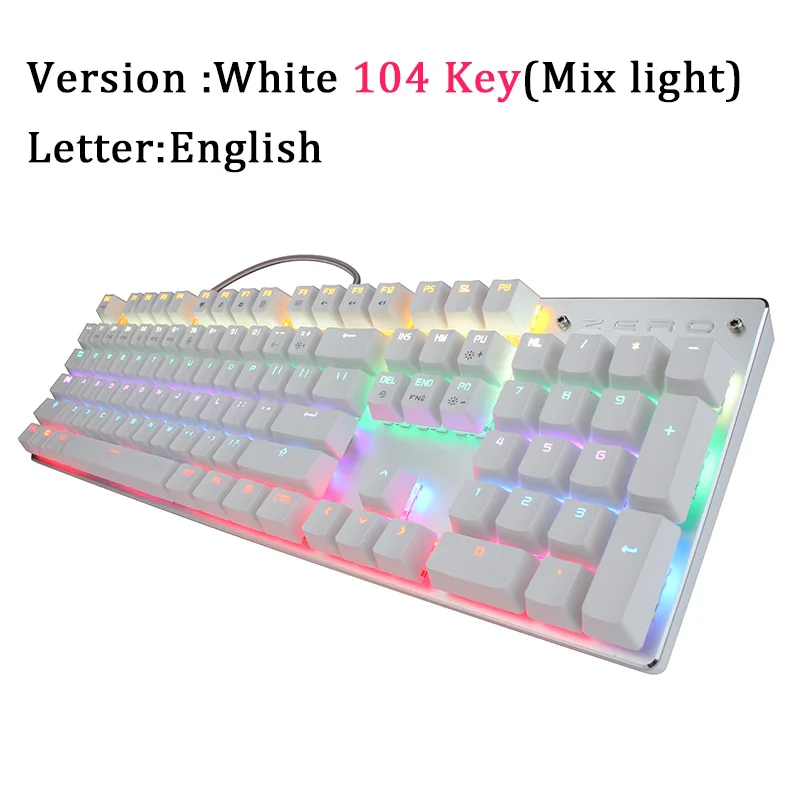 White English 104Key Metoo edition игровая механическая клавиатура с 87/104 клавишами, с защитой от привидения, Светящийся синий переключатель, с подсветкой, Проводная клавиатура, Арабский/Русский - Цвет: White English 104Key