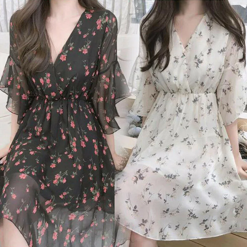 Женское шифоновое платье с V-образным вырезом и цветочным принтом | Женская