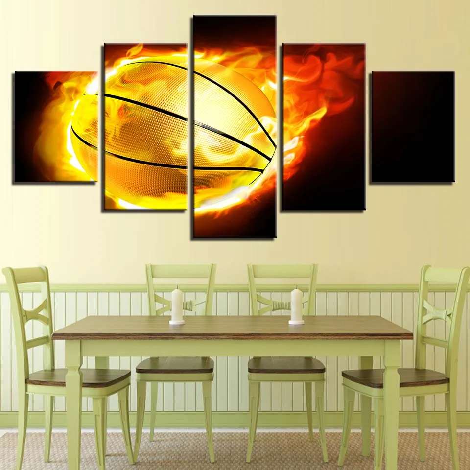 Frame Printed Wall Art Painting 5 Piece Flame Basketball Decoration For Living Room Canvas Picture Modular Sporting Goods Poster | Дом и сад