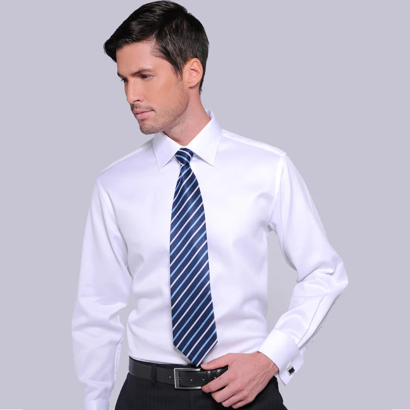 Мужская классическая рубашка с французскими манжетами однотонная саржевая для