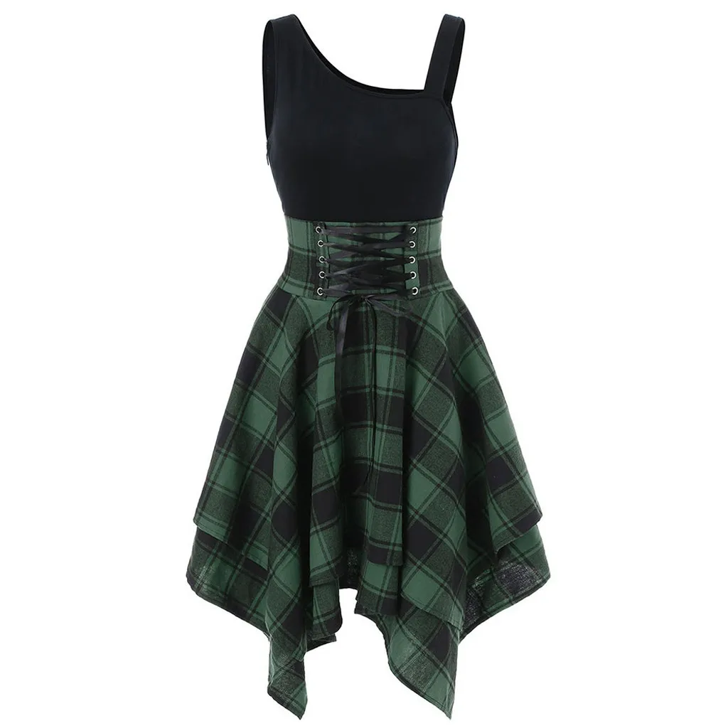 Sleeveless strapless cross strap plaid Dress print irregular dress sexy Club Fashion Women Shoulder Lace Up Party Evening 5.28 | Женская