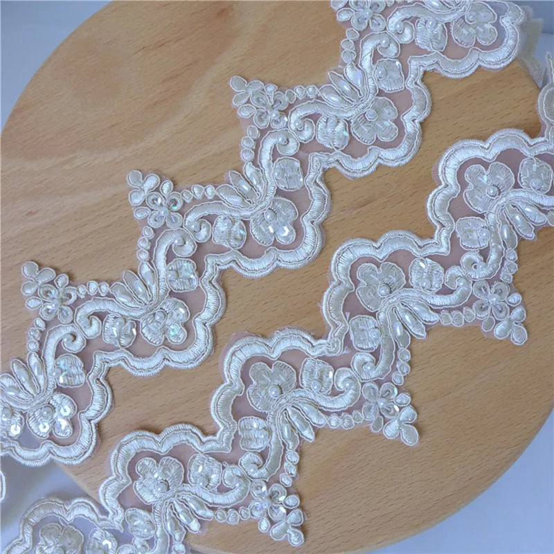 

3 Yards New White Organza Sequins Lace Trim Champagne Alencon Beaded Lace Trim Corded Bridal Craft