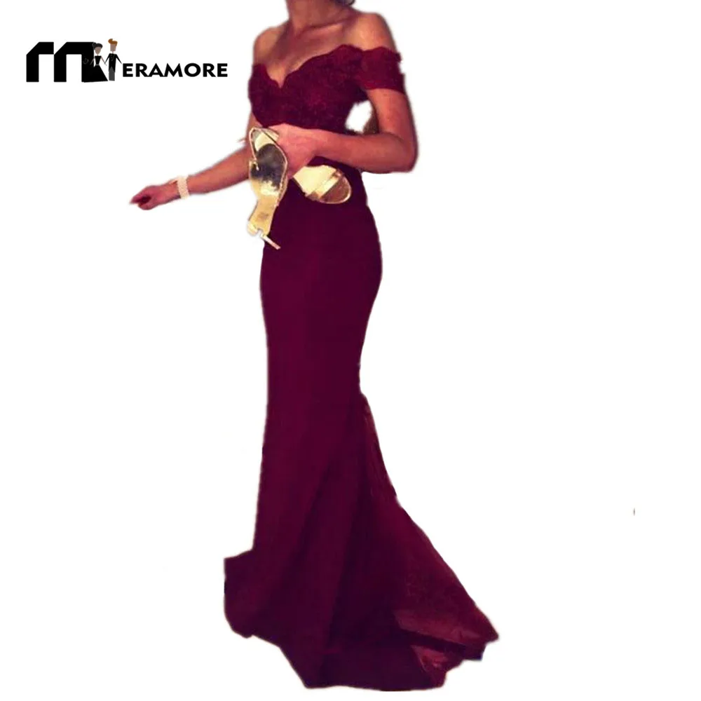 С Плеча Бургундия Русалка Вечерние Платья Без Рукавов Атласная Vestido Феста