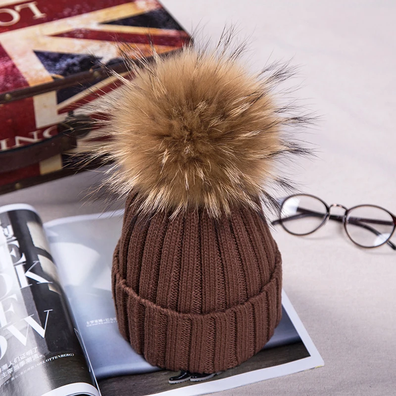 New Women's Winter Knitted Fur Beanie Hats With Real Raccoon Pompoms Caps Ear Protect Ladies Causal Female TWA124 | Аксессуары для