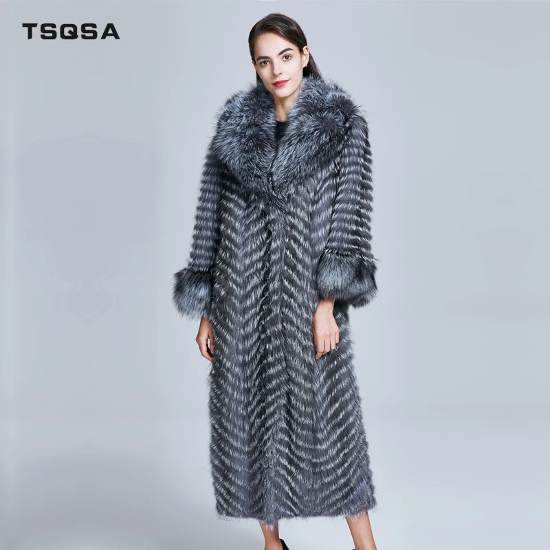 TSQSA Женщины Новая Мода Длинные Настоящие Шубы Натуральный Серебряный Шуба Фокс Парка Верхняя Одежда Тонкий Повседневная Одежда для Девочек TAC1728