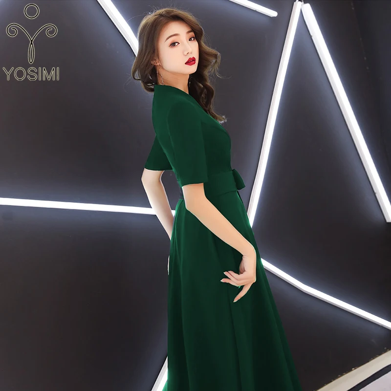 YOSIMI, летнее вечернее платье, черное, v-образный вырез, короткий рукав, элегантное, макси, длинное, благородное, тонкое, а-силуэт, платья для женщин, вечерние, ночные