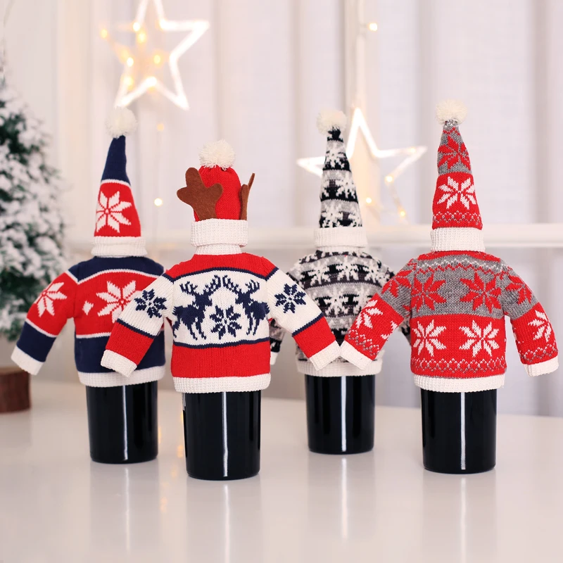 New Christmas creative knit wine bottle set restaurant decor champagne Santa hat | Дом и сад