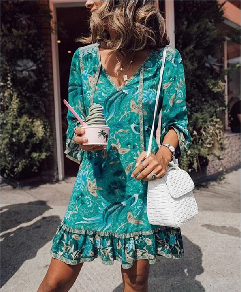 TEELYNN mini dresses for women flare sleeve Malachite green BOHO Dresses rayon ILONA Forest floral print summer Dresses vestido
