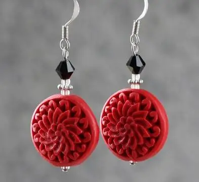

Perfect Flower Red Carved Cinnabar Earrings, Fashion Women's Carved Lacquerware Jewelry, S925 Silvers Dangle Earring . C-40
