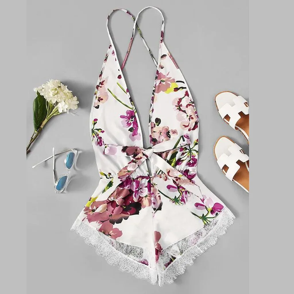 Женское нижнее белье кружевное атласное боди с цветочным принтом и бантом на