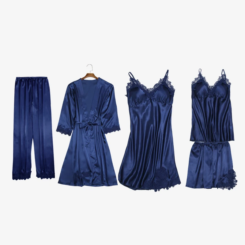 Blue 5 pcs Кигуруми Единорог 5 шт сексуальные кружевные пижамы набор женский искусственный шелк полосатый халат набор леди v-образным вырезом домашняя одежда пижамы с нагрудными накладками - Цвет: Blue 5 pcs