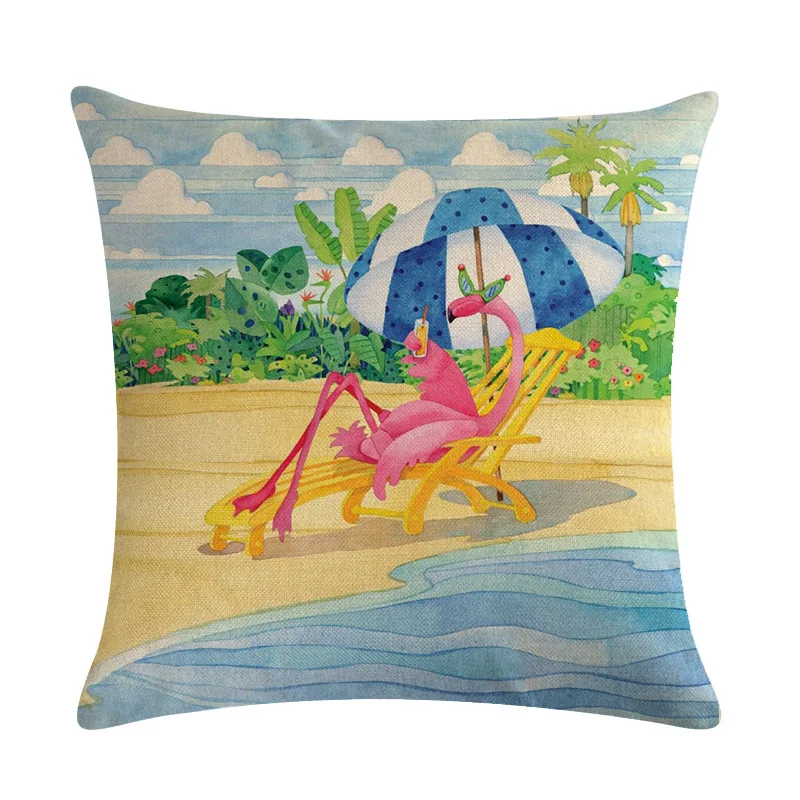 

Cartoon Flamingo Bird Pink Cushion Cover Green Tropical Plants Print Linen Pillow Case Mediterranean Decorative Car Home Room