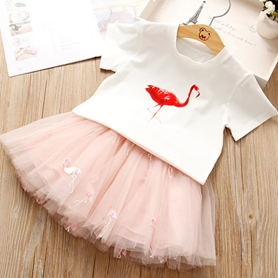 

2Pcs Pretty Girls Summer Clothes Kids Baby Girls Flamingo Short sleeve T-shirt Tops Shorts Skirts Children Outfits Clothes Set