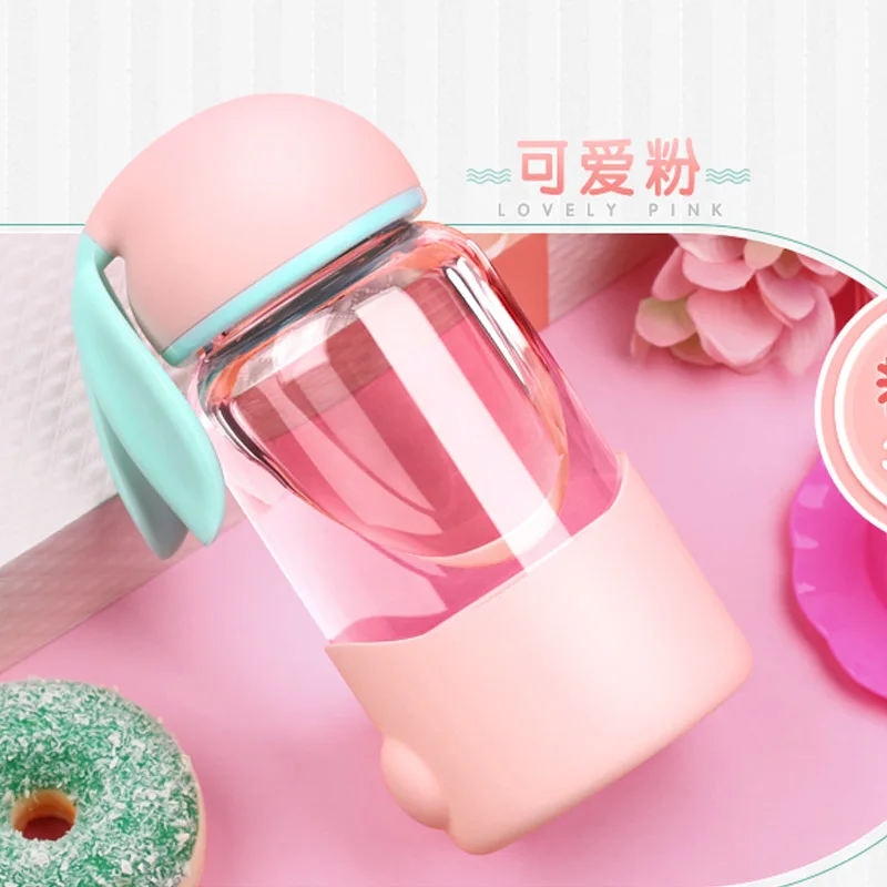pink Новинка, стеклянная бутылка с милыми кроличьими ушками, детская чашка для молока, бутылка для питьевой воды, герметичный стакан, удобная посуда для напитков в форме героев мультфильмов - Цвет: pink