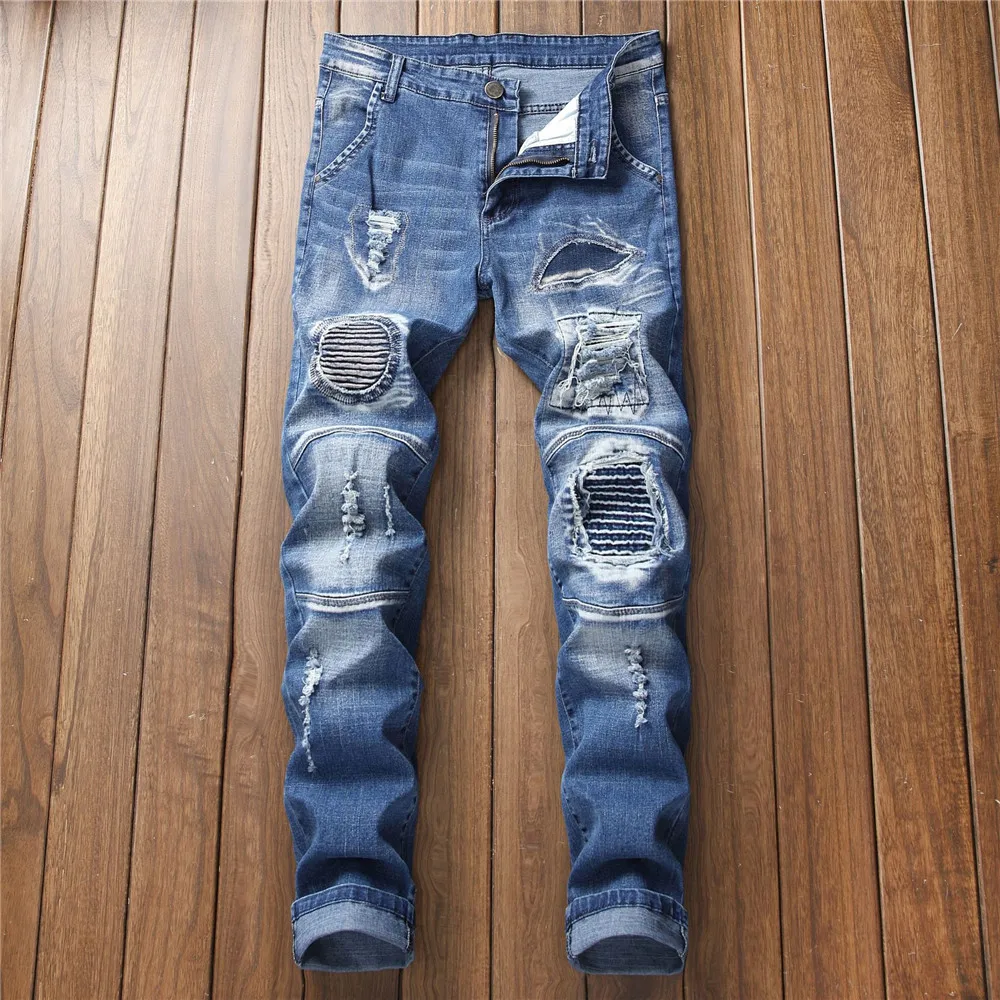 Biker Jeans Men Skinny Hole Motorcycle Stretch Cargo Denim with Embroidered Pleated Slim Jean Men's Plus Size 40 42 Pants | Мужская