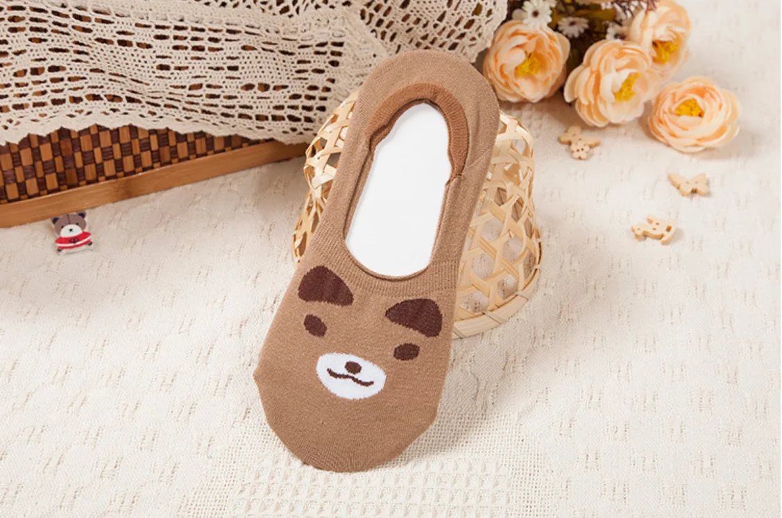 coffee Jeseca 5 Pairs/Lot Women Cotton Sock Cartoon Animal Cute No Show Sock Japanese Kawaii School Student Invisible Non-slip Boat Sox - Цвет: coffee