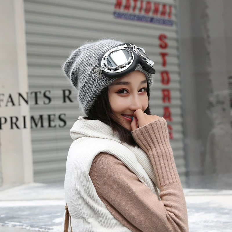 SYi Qarce однотонная зимняя вязаная шапка Авиатор с очками Skullies Beanies, шапка для женщин и мужчин, шапка для катания на лыжах, NM563-66