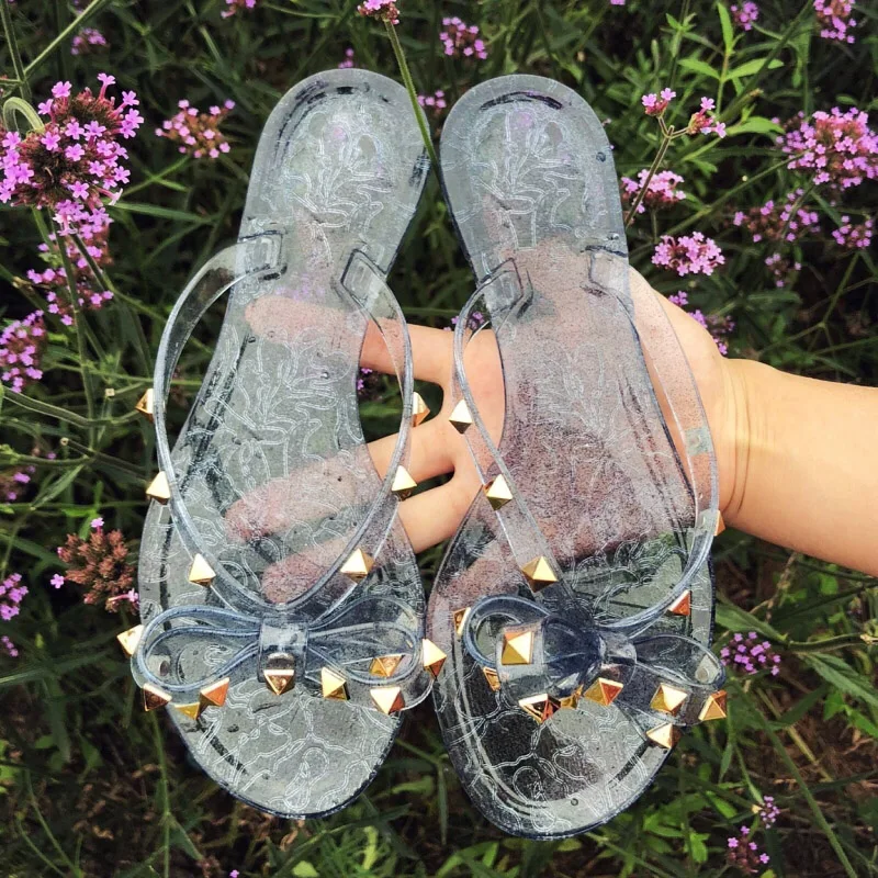 

Hot 2021 Fashion Woman Flip Flops Summer Shoes Cool Beach Rivets big bow flat sandals Brand jelly shoes sandals girls size 36-42