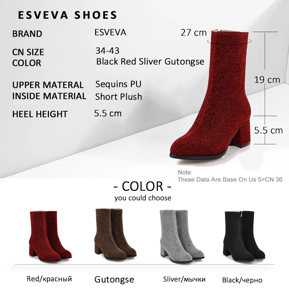 

ESVEVA 2019 Women Shoes High Heels Winter Boots Stretch Fabric Ankle Boots Zip Western Style Square Heels Woman Shoes Size 34-43