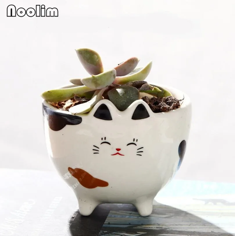 8.6x7.7cm NOOLIM цветочный горшок с мультяшным котом Ретро Проницаемый керамический зеленый цветочный горшок для гостиной офиса украшения сада - Цвет: 8.6x7.7cm