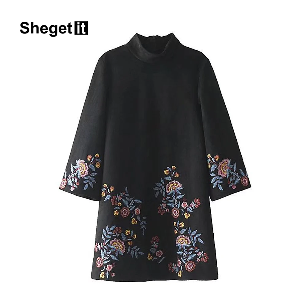 Shegetit зима Винтаж цветочный Вышивка мини-платье Для женщин Vestido Flare рукавом Ретро