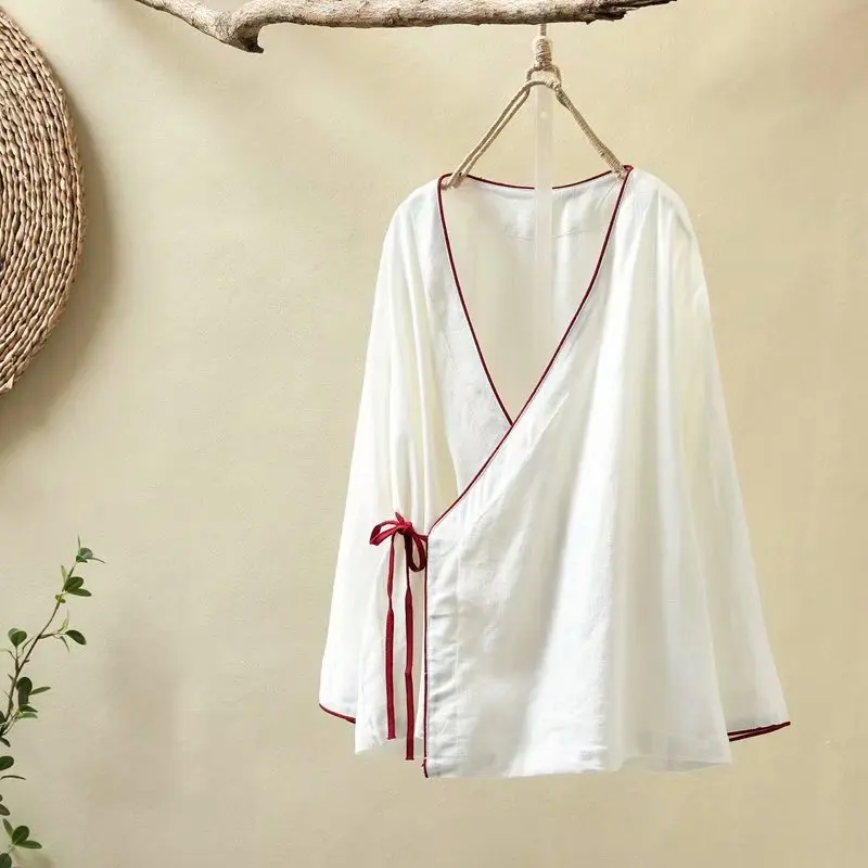 Женская осенне Весенняя Этническая блуза с v образным вырезом розового белого