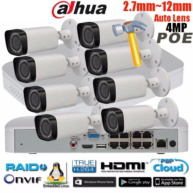 Английский Dahua 8CH 1080P POE NVR4116-8P комплект с 4MP IP камера IPC-HFW4431R-Z 2,8-12 мм цилиндрическая система видеонаблюдения CCTV