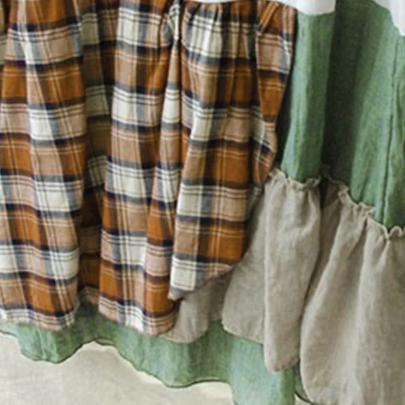 Японское женское милое лоскутное винтажное платье в клетку свободное базовое