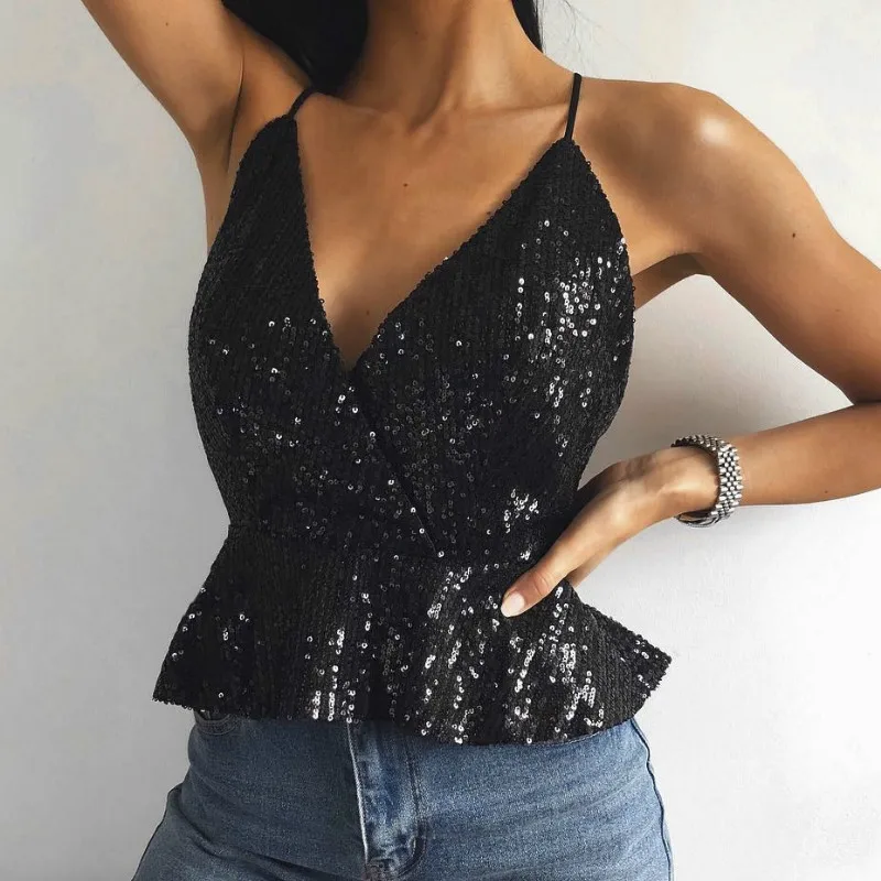 Сексуальный Модный женский летний укороченный топ с блестками топы без рукавов