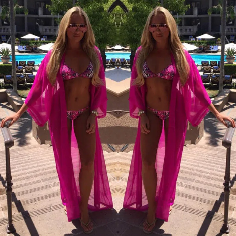 Женская однотонная накидка на бикини шифоновое пляжное платье с длинным рукавом