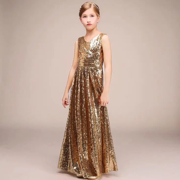 Kids Wedding Dresses Girls Gold Sequin Overall Dress Girl Party Princess Christmas Birthday Clothes for 1-13 year | Детская одежда и