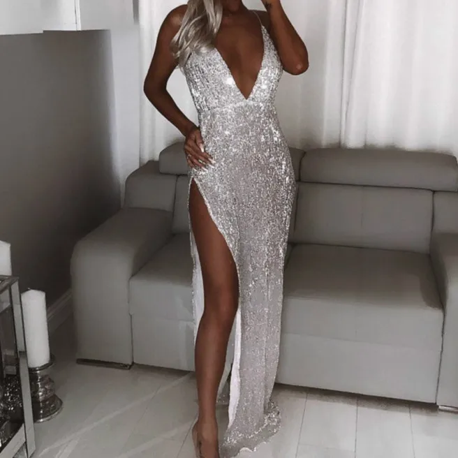 

Deep V Neck Sequin Maxi Dress Women Sexy High Split Long Dress Female Summer Strap Sparkly Evening Party Dress Vestido De Mujer