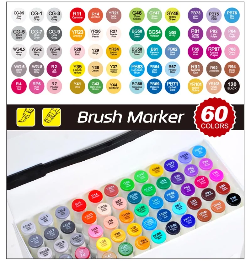 60Colors Ноу 12, 24, 48, 60 цветов, двойной наконечник, Мягкие кисти, маркеры, долото и кисть, чернила на спиртовой основе, манга, художественные маркеры для школьных принадлежностей - Цвет: 60Colors